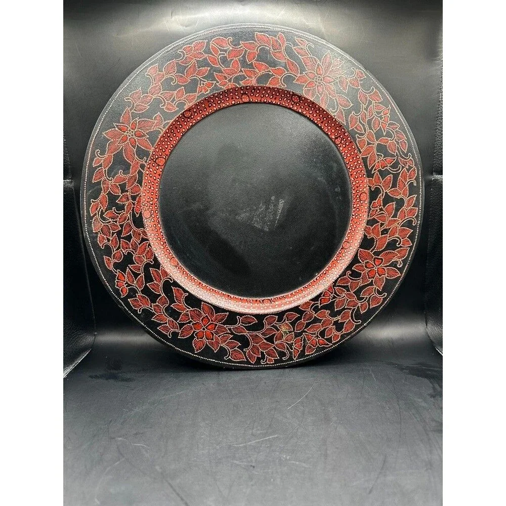 Pier 1 Large Round 13 inch 3 Decorative Wooden Charger Plates Red Black Floral